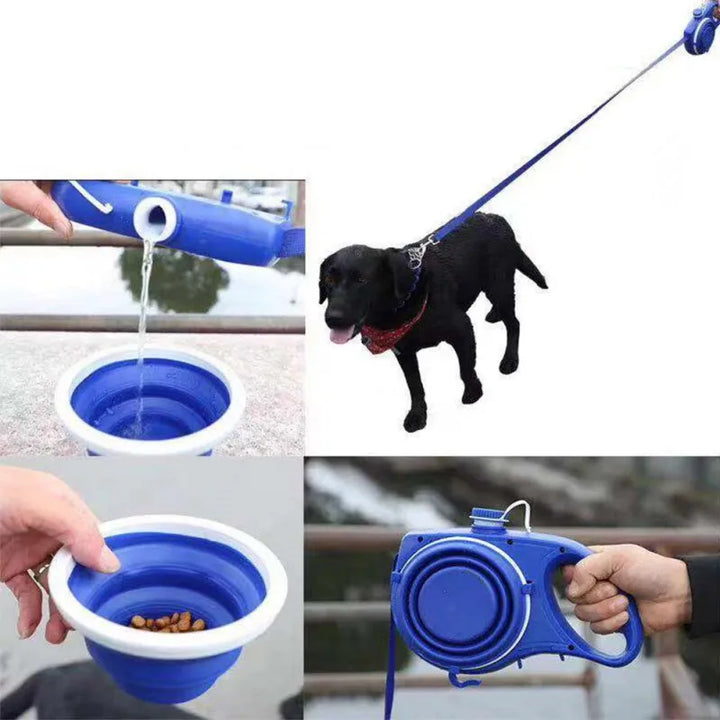 「4in1多機能犬用リード｜伸縮式ナイロンリード＋給水ボトル＋折りたたみボウル付き｜お散歩・ランニングに便利！」