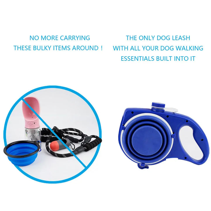 「4in1多機能犬用リード｜伸縮式ナイロンリード＋給水ボトル＋折りたたみボウル付き｜お散歩・ランニングに便利！」