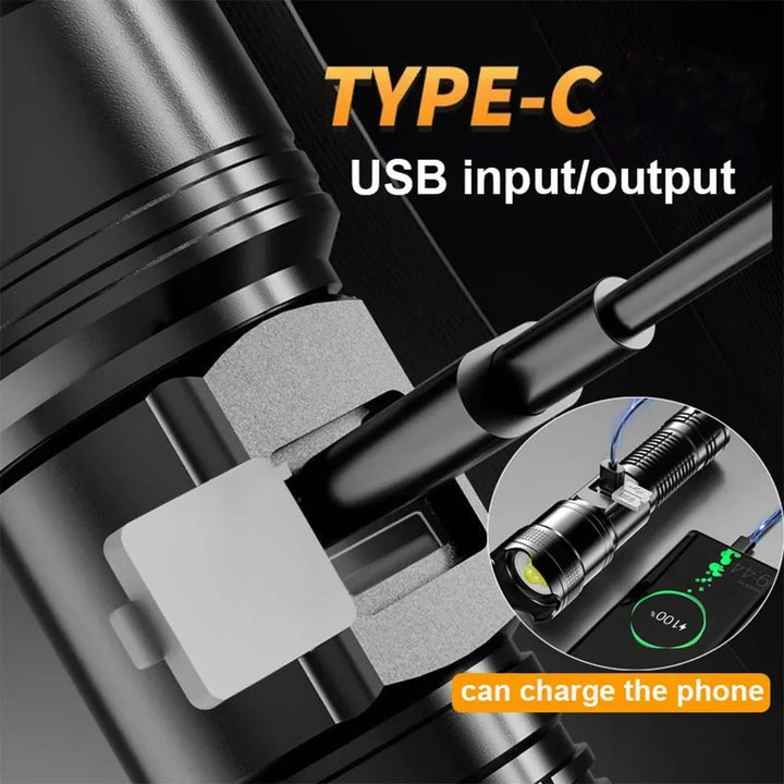 高出力LED懐中電灯｜タクティカルフラッシュライト｜超高輝度ランプ｜USB充電式｜キャンプ・釣り・防災・ズーム機能付きランタン
