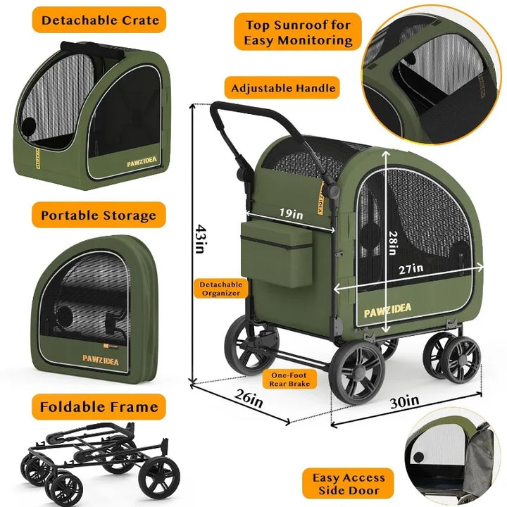 大型犬用折りたたみ式ペット用ベビーカー – 取り外し可能なキャリア付き、車載用ポータブルクレート
