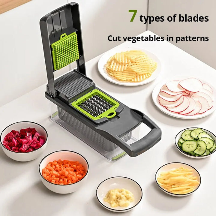 1個入り グリーン/ブラック 12-in-1 多機能野菜スライサー・カッター – バスケット付き フルーツ・じゃがいも・にんじん用スライサー＆グレーター