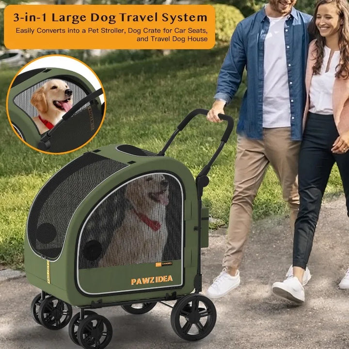 大型犬用折りたたみ式ペット用ベビーカー – 取り外し可能なキャリア付き、車載用ポータブルクレート