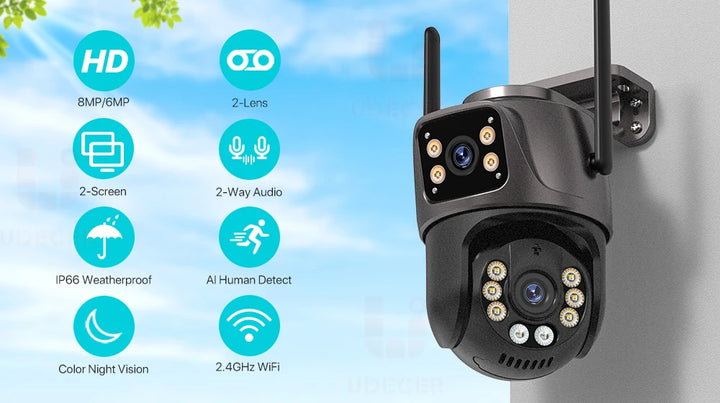 ４Ｋ・８ＭＰ ＨＤ Ｗｉ-Ｆｉ ＰＴＺ屋外カメラ｜６ＭＰデュアルレンズ・デュアルスクリーン搭載｜ＡＩ自動追跡ＩＰカメラ｜ＣＣＴＶ音声＆映像監視｜Ｐ２Ｐ・ｉＣＳｅｅ対応