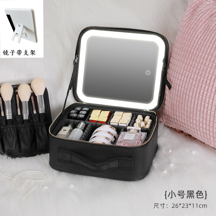 ライトと鏡付きの大容量化粧品バッグ、取り外し可能な仕切り、化粧品収納バッグ、旅行用ポータブル